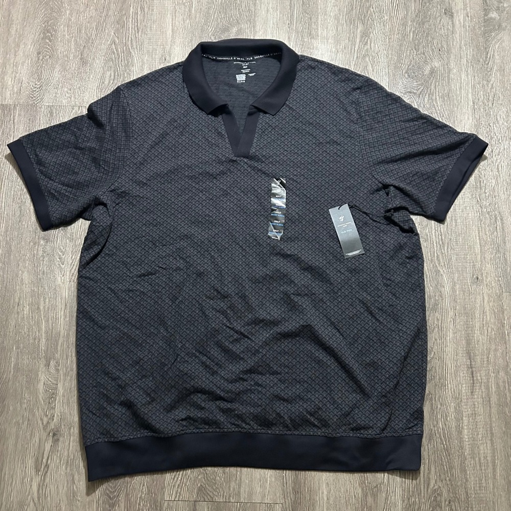 Shaquille O'Neal Polo Shirt 3XLT Tall Black Grey Textured Geometric V-Neck New - Picture 2 of 7